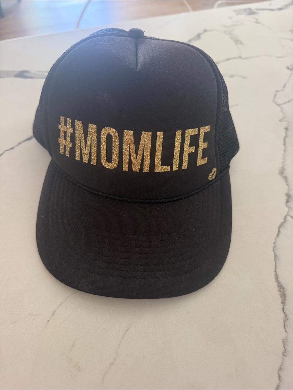 kitson Black Trucker Hat with Gold "#MOMLIFE" Glitter